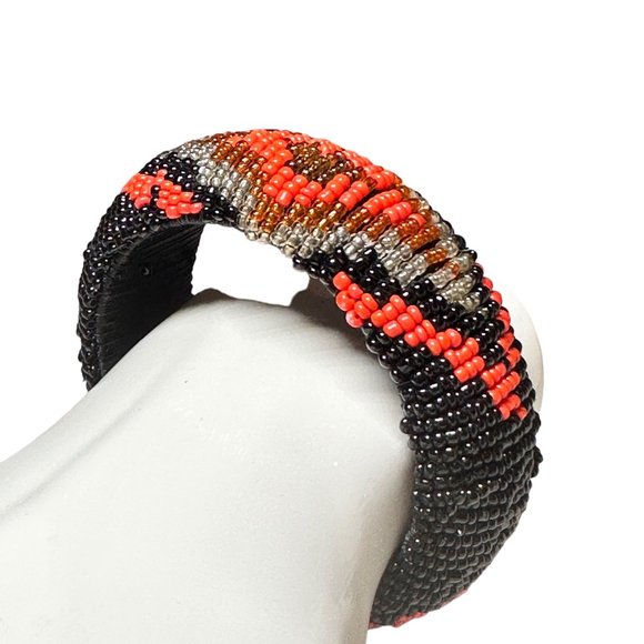 Aztec Pattern Black and Orange Beaded Bangle Statement Bracelet - Picture 6 of 8
